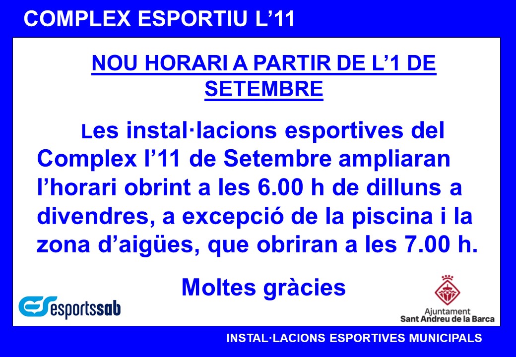Imatge de la notícia: Nous horaris del Complex Esportiu l'11 de Setembre
